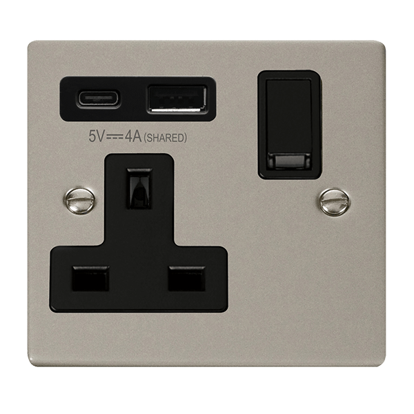 Click Deco Pearl Nickel 1 Gang 13A Single Switched Socket with Type A and C USB VPPN785BK