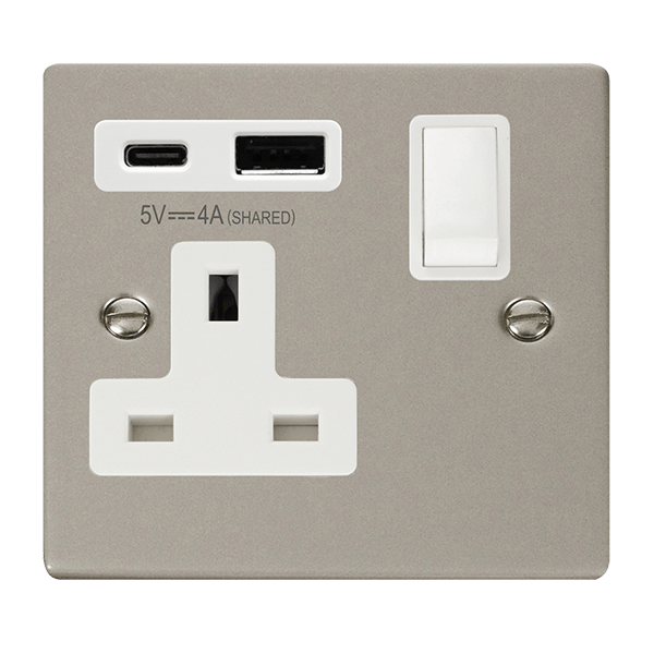 Click Deco Pearl Nickel 1 Gang 13A Single Switched Socket with Type A and C USB VPPN785WH