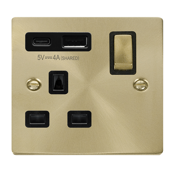 Click Deco Satin Brass 1 Gang 13A Single Switched Socket with Type A and C USB VPSB585BK