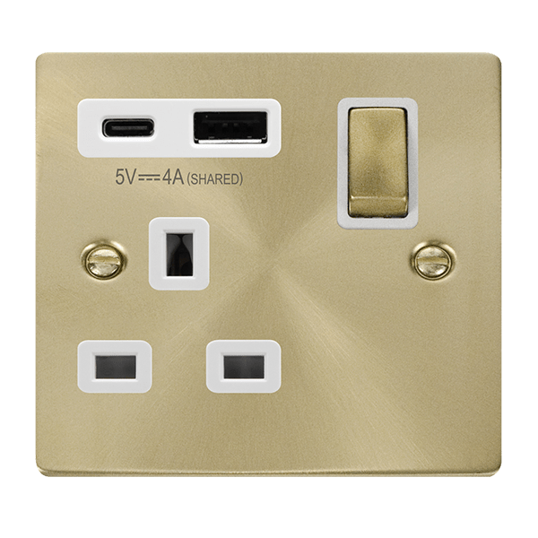 Click Deco Satin Brass 1 Gang 13A Single Switched Socket with Type A and C USB VPSB585WH