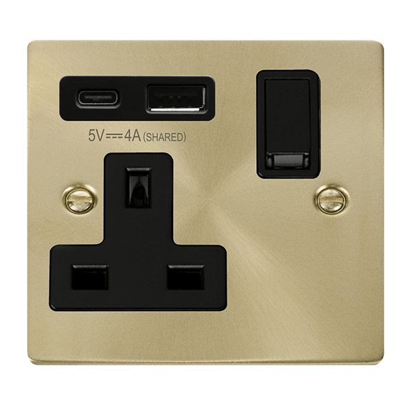 Click Deco Satin Brass 1 Gang 13A Single Switched Socket with Type A and C USB VPSB785BK
