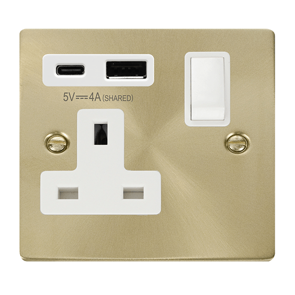 Click Deco Satin Brass 1 Gang 13A Single Switched Socket with Type A and C USB VPSB785WH
