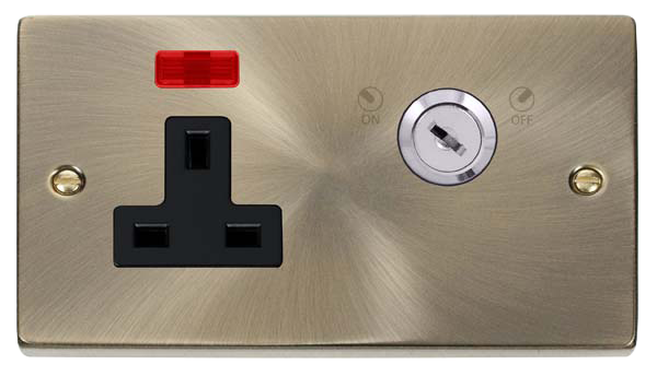 Click Deco Ant/Brass 13A 2G Key Lockable Socket Neon VPAB675BK