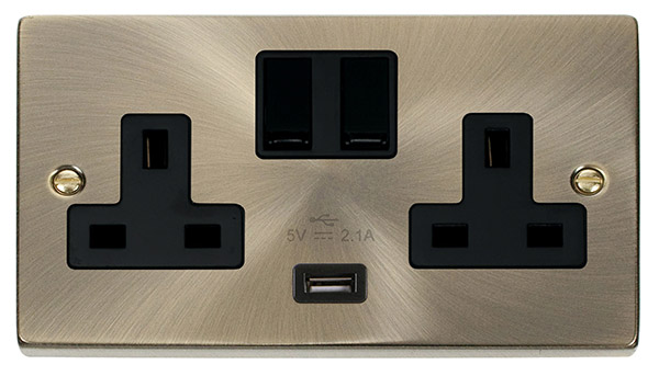 Click Deco Antique Brass USB Double Switched Socket VPAB770BK