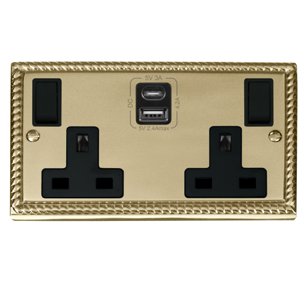 Click Deco Georgian Brass Type A & C USB Double Socket GCBR786BK
