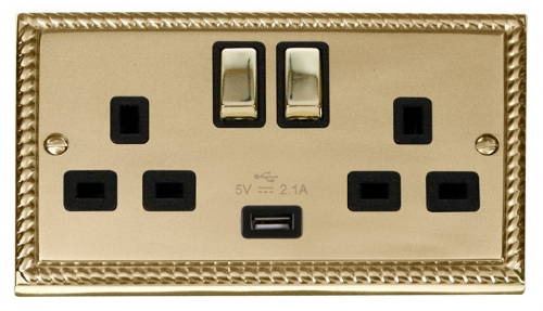 Click Deco Georgian Brass USB Double Switched Socket GCBR570BK