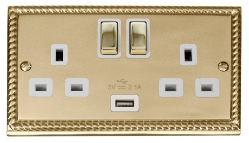 Click Deco Georgian Brass USB Double Switched Socket GCBR570WH
