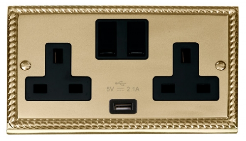 Click Deco Georgian Brass USB Double Switched Socket GCBR770BK