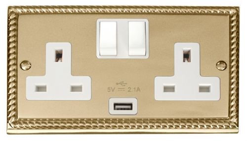 Click Deco Georgian Brass USB Double Switched Socket GCBR770WH