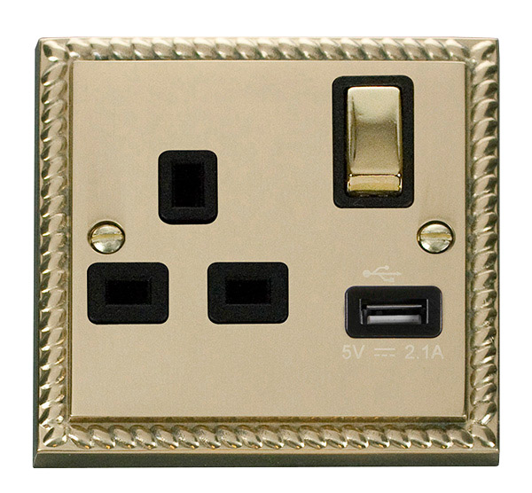 Click Deco Georgian Brass USB Single Switched Socket GCBR571BK