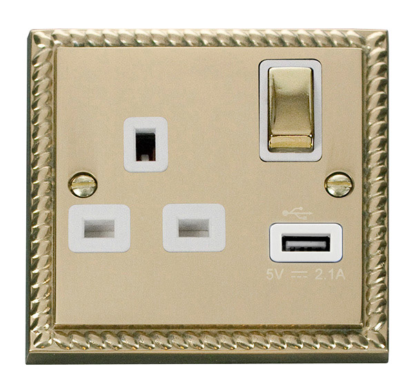 Click Deco Georgian Brass USB Single Switched Socket GCBR571WH