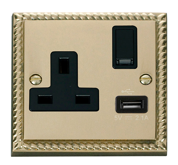 Click Deco Georgian Brass USB Single Switched Socket GCBR771BK