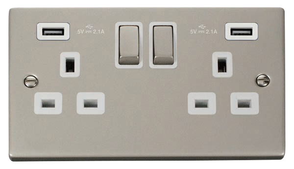 Click Deco Pearl Nickel Twin USB Double Socket VPPN580WH