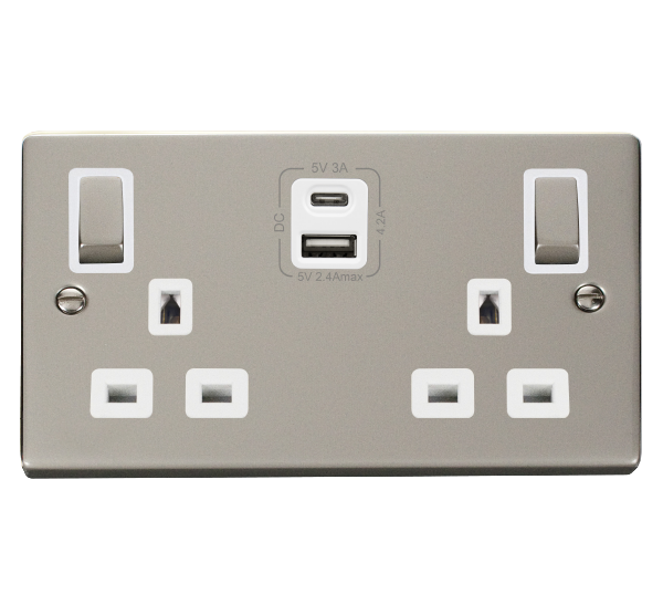 Click Deco Pearl Nickel Type A & C USB Double Socket VPPN586WH