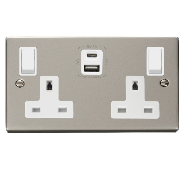 Click Deco Pearl Nickel Type A & C USB Double Socket VPPN786WH