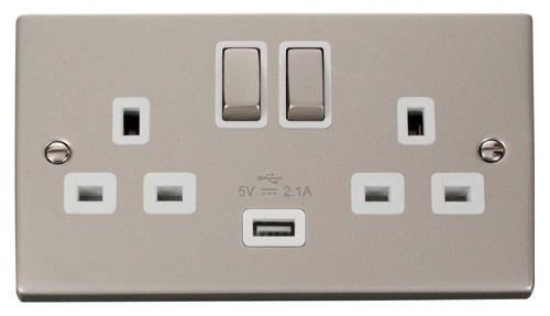 Click Deco Pearl Nickel USB Double Switched Socket VPPN570WH