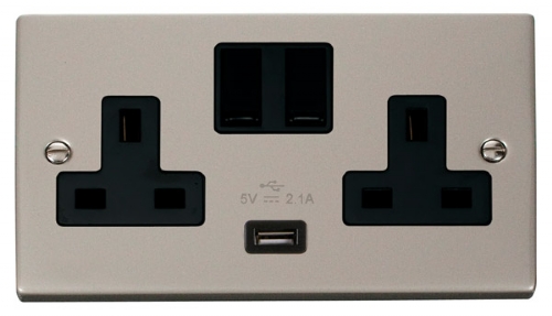 Click Deco Pearl Nickel USB Double Switched Socket VPPN770BK