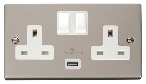 Click Deco Pearl Nickel USB Double Switched Socket VPPN770WH