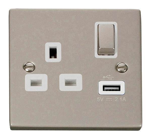 Click Deco Pearl Nickel USB Single Switched Socket VPPN571WH