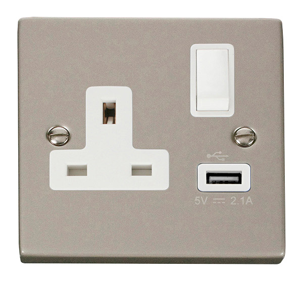 Click Deco Pearl Nickel USB Single Switched Socket VPPN771WH