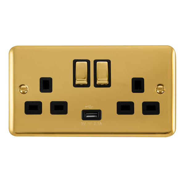 Click Deco Plus Polished Brass USB Double Switched Socket DPBR570BK