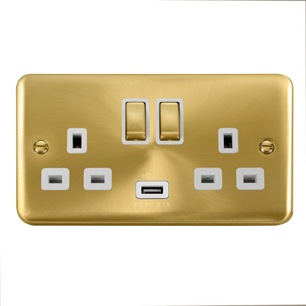Click Deco Plus Satin Brass USB Double Switched Socket DPSB570WH