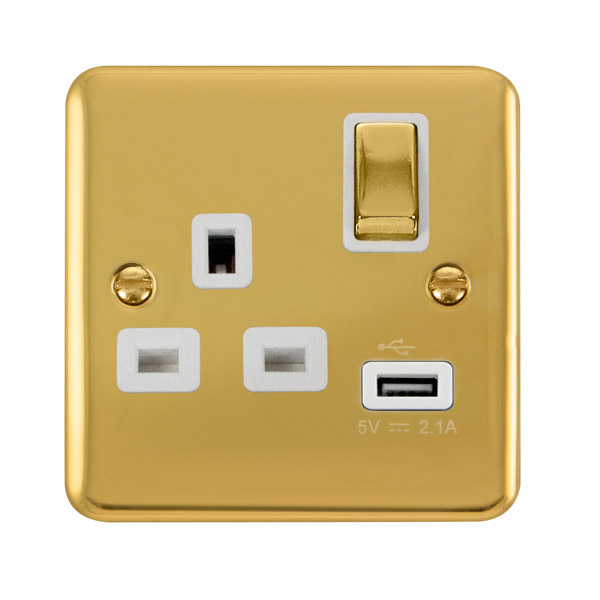 Click Deco Plus Polished Brass USB Single Switched Socket DPBR571WH
