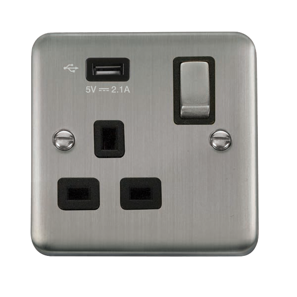 Click Deco Plus Stainless Steel USB Single Switched Socket DPSS571UBK