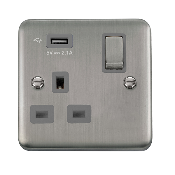Click Deco Plus Stainless Steel USB Single Switched Socket DPSS571UGY