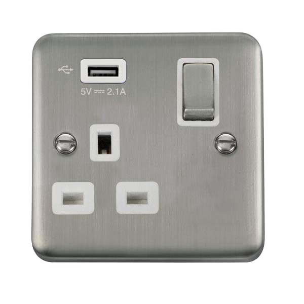 Click Deco Plus Stainless Steel USB Single Switched Socket DPSS571UWH