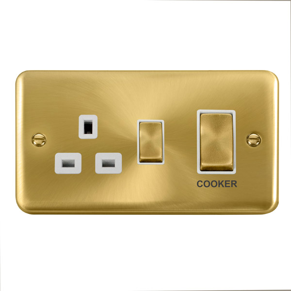 Click Deco Plus Satin Brass 45A Double Pole Switch with 13A Double Pole Switched Socket Outlet DPSB504WH