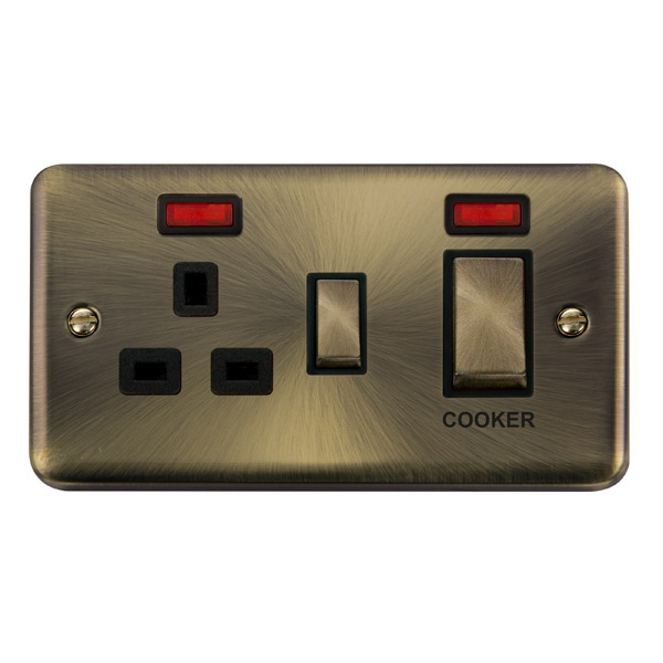 Click Deco Plus Antique Brass 45A Double Pole Switch with 13A Double Pole Switched Socket Outlet and Neon DPAB505BK