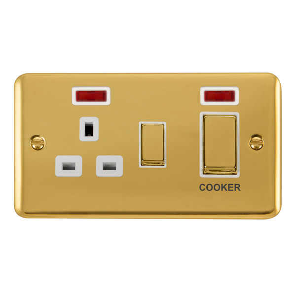Click Deco Plus Polished Brass 45A Double Pole Switch with 13A Double Pole Switched Socket Outlet with Neon DPBR505WH