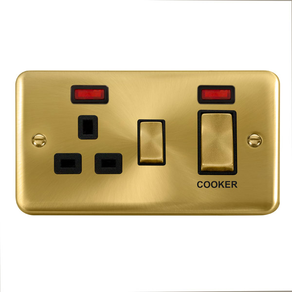 Click Deco Plus Satin Brass 45A Double Pole Switch with 13A Double Pole Switched Socket Outlet with Neon DPSB505BK