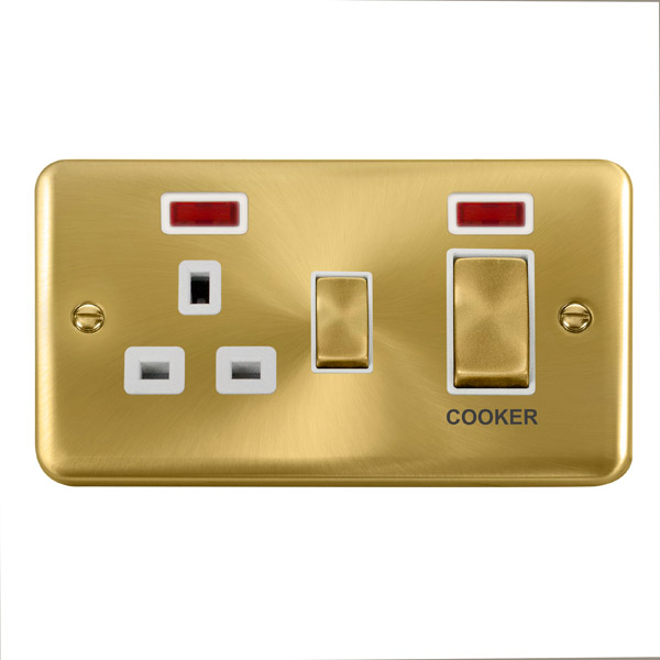 Click Deco Plus Satin Brass 45A Double Pole Switch with 13A Double Pole Switched Socket Outlet with Neon DPSB505WH