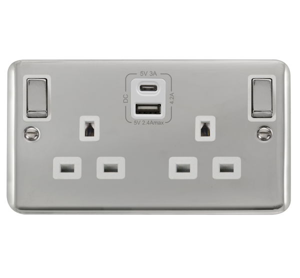 Click Deco Plus Polished Chrome Type A & C USB Double Switched Socket DPCH586WH