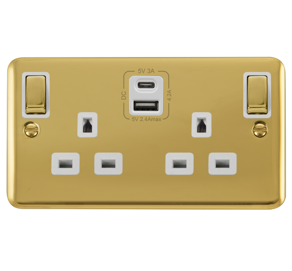 Click Deco Plus Polished Brass Type A & C USB Double Switched Socket DPBR586WH