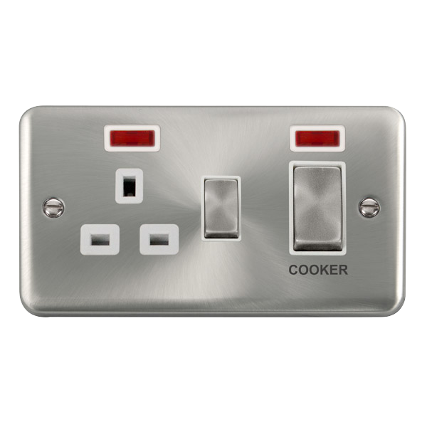 Click Deco Plus Satin Chrome 45A Double Pole Switch with 13A Double Pole Switched Socket Outlet with Neon DPSC505WH