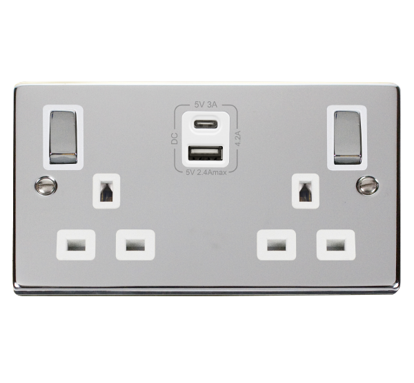 Click Deco Polished Chrome Type A & C USB Double Socket VPCH586WH