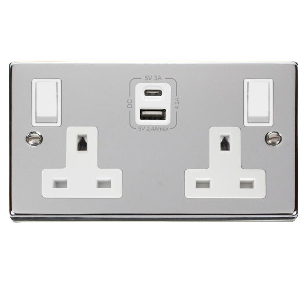 Click Deco Polished Chrome Type A & C USB Double Socket VPCH786WH