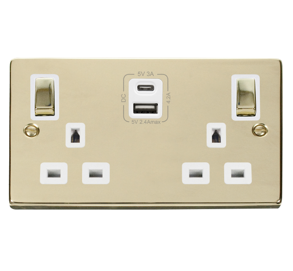 Click Deco Polished Brass Type A & C USB Double Socket VPBR586WH