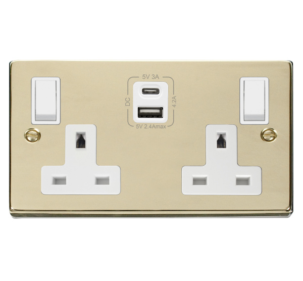 Click Deco Polished Brass Type A & C USB Double Socket VPBR786WH