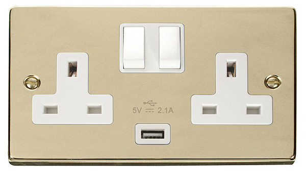 Click Deco Polished Brass USB Double Switched Socket VPBR770WH