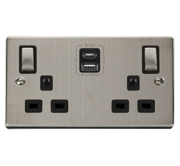 Click Deco Stainless Steel Type A & C USB Double Switched Socket VPSS586BK