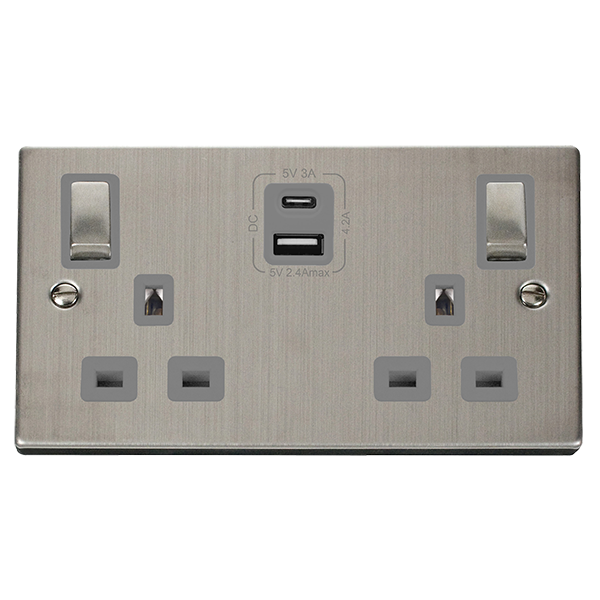 Click Deco Stainless Steel Type A & C USB Double Switched Socket VPSS586GY
