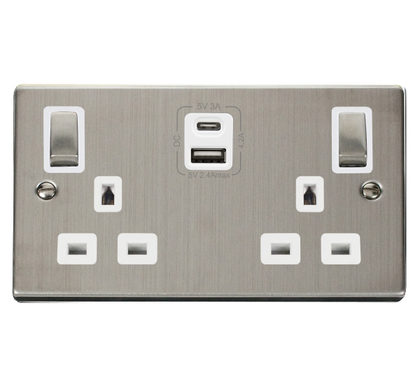 Click Deco Stainless Steel Type A & C USB Double Switched Socket VPSS586WH