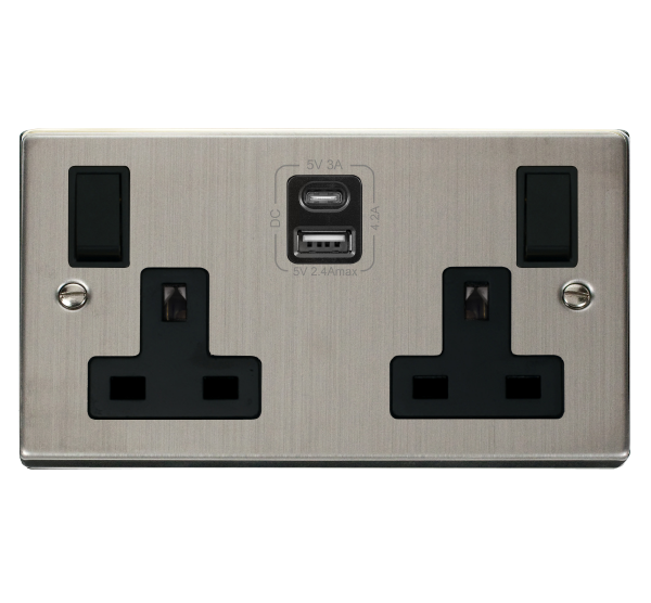 Click Deco Stainless Steel Type A & C USB Double Switched Socket VPSS786BK