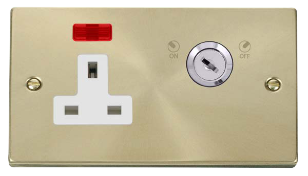Click Deco Sat/Brass 13A 2G Key Lockable Socket Neon VPSB675WH