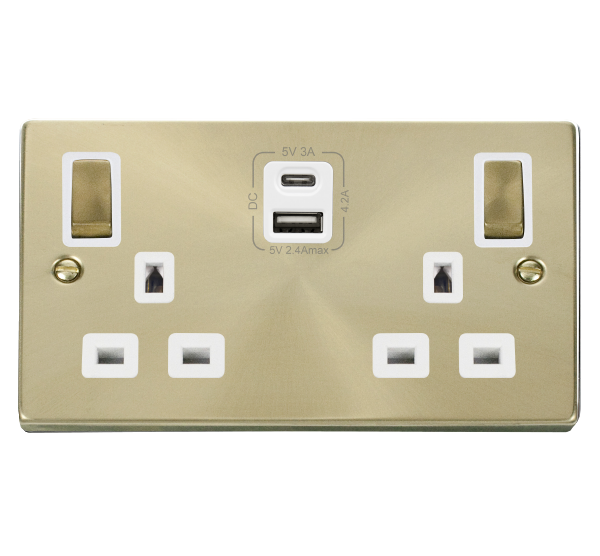 Click Deco Satin Brass Type A & C USB Double Socket VPSB586WH