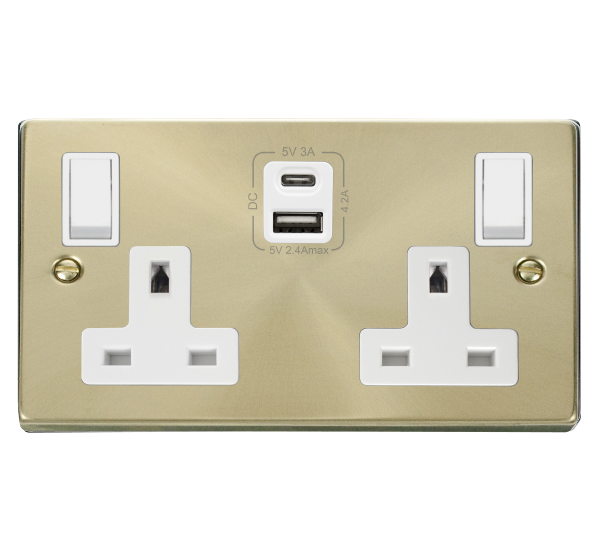 Click Deco Satin Brass Type A & C USB Double Socket VPSB786WH